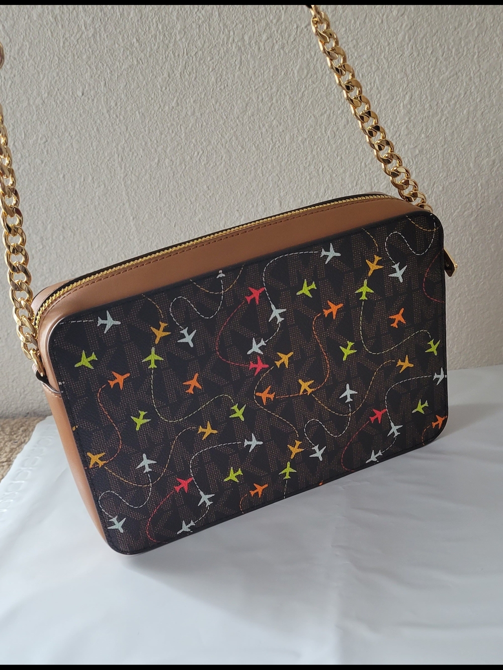 Michael Kors Brown Signature Crossbody with Multicolor Airplane Print - Picture 2 of 4